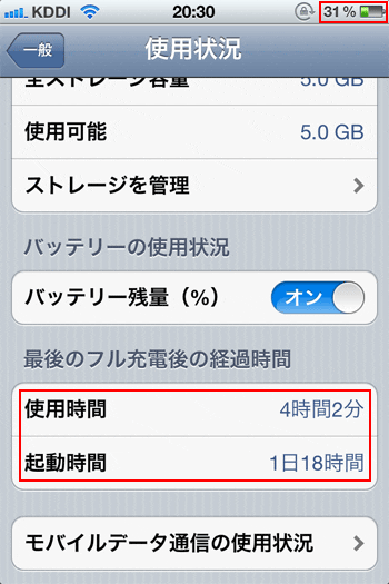 iPhone 4S iOS5.0.1のバッテリー残量